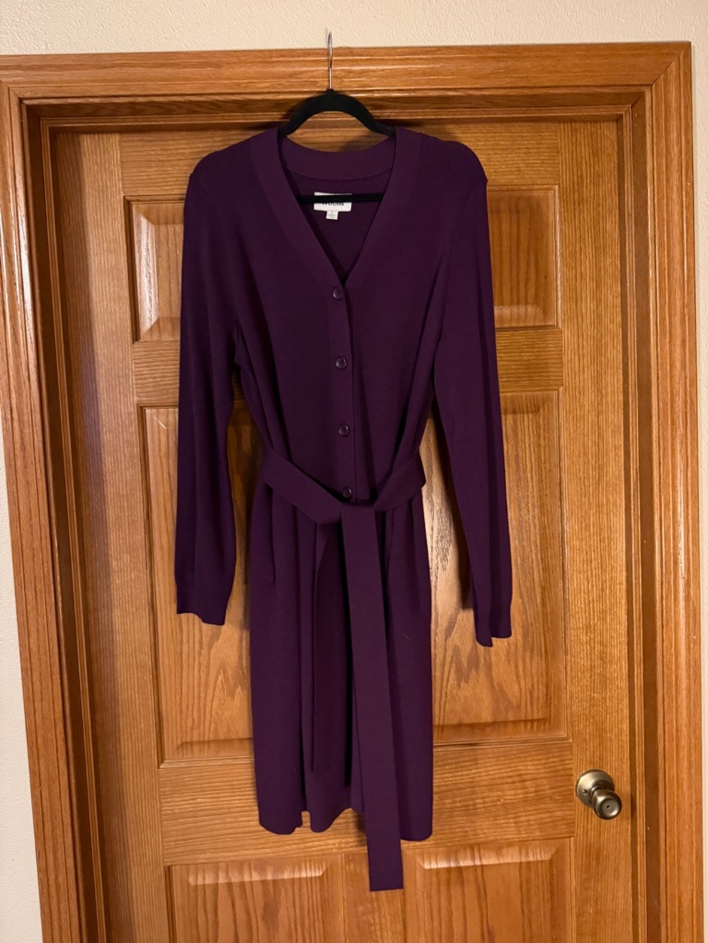 wool& Amber dress. Long Sleeve Button-Front Belted Purple Sweater Dress